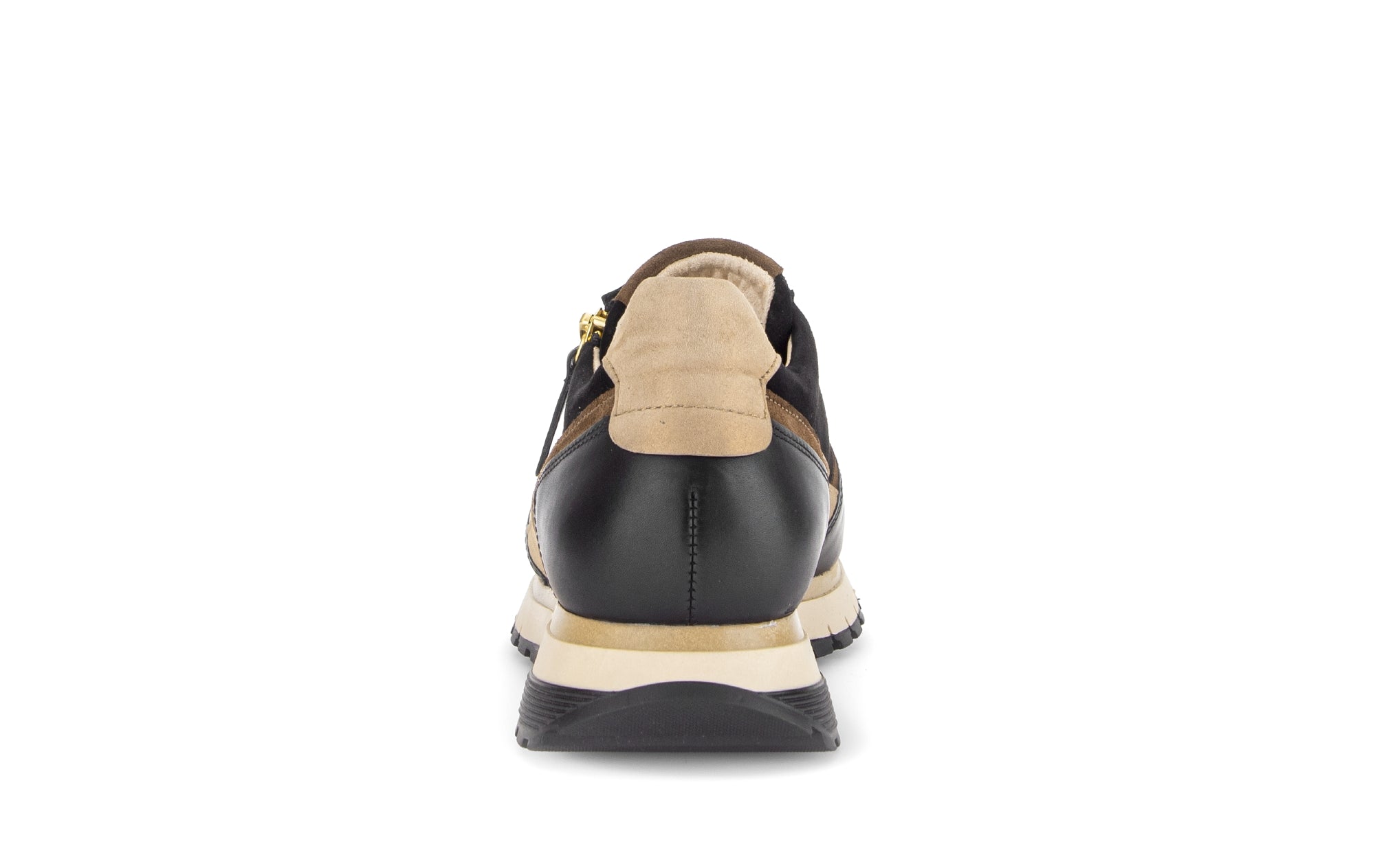 Gabor Hollywell black/tan/gold rollingsoft zip & lace trainers, rear view.