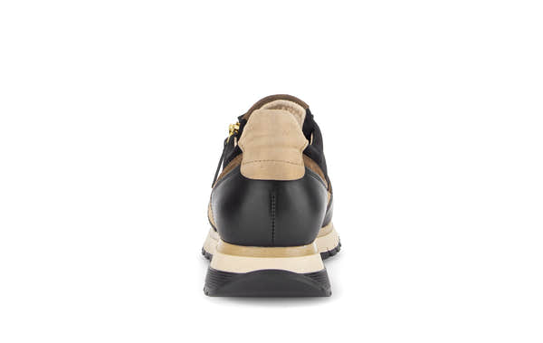 Gabor Hollywell black/tan/gold rollingsoft zip & lace trainers, rear view.