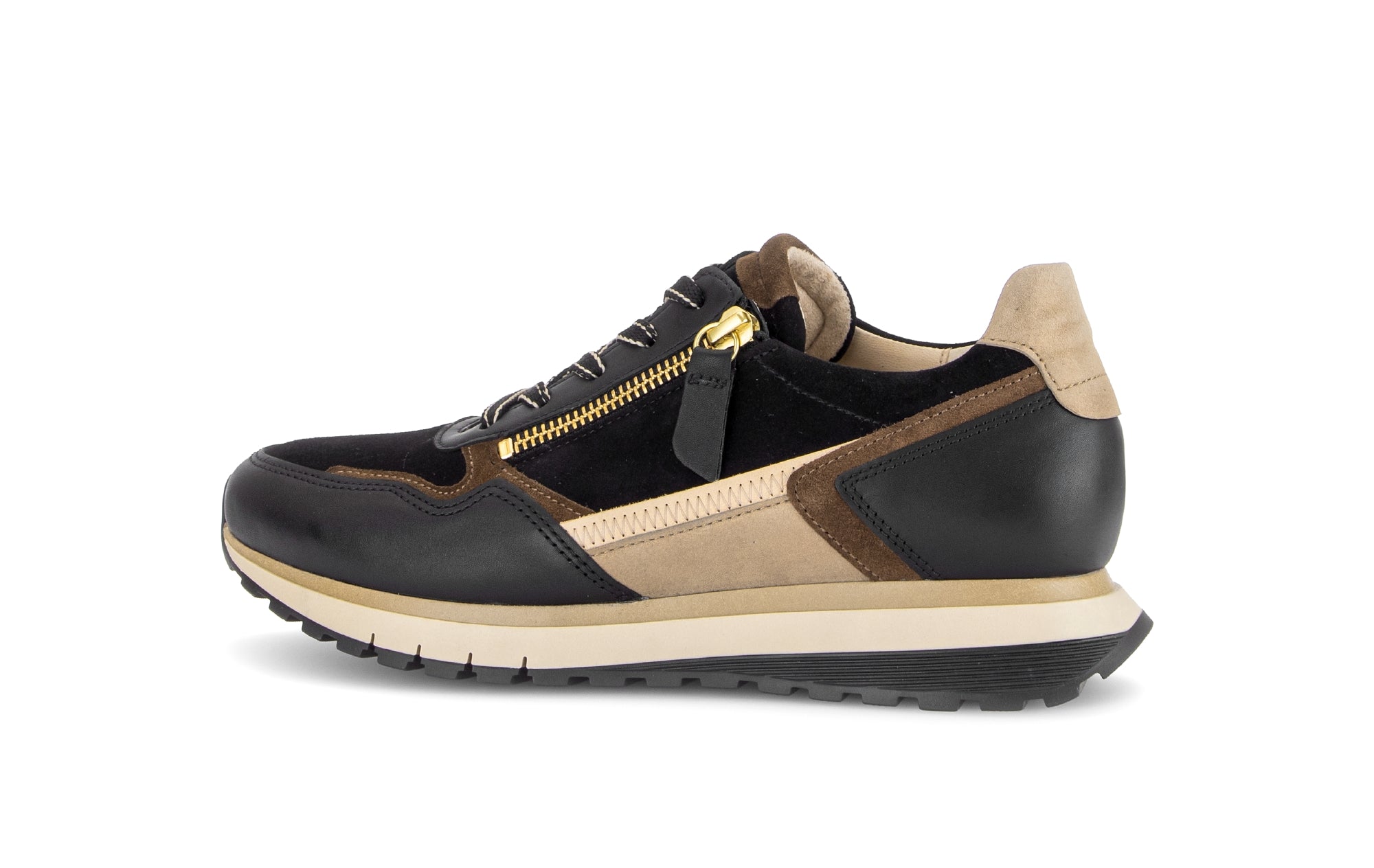 Gabor Hollywell black/tan/gold rollingsoft zip & lace trainers, rotating product angle 02.