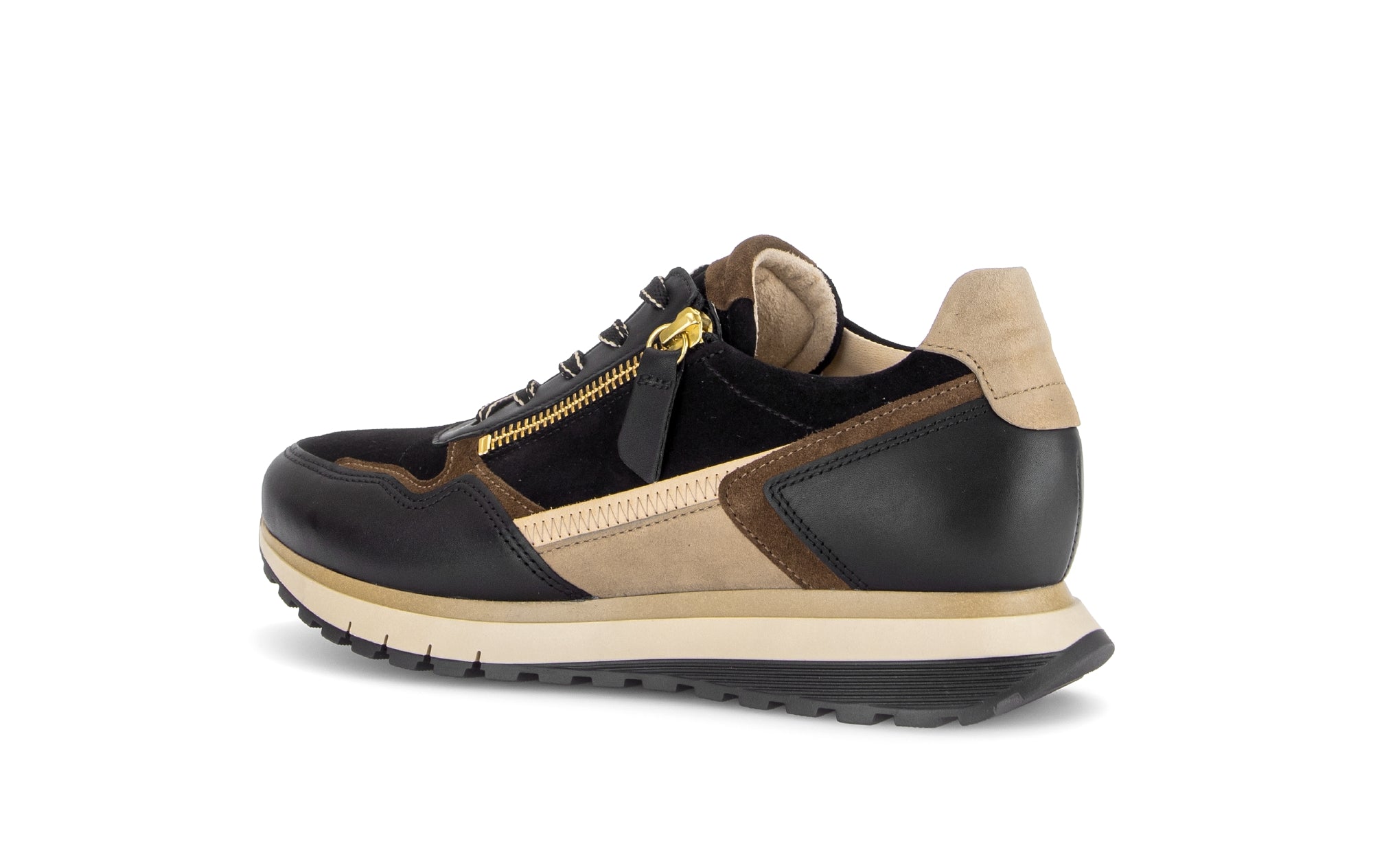 Gabor Hollywell black/tan/gold rollingsoft zip & lace trainers, rotating product angle 03.