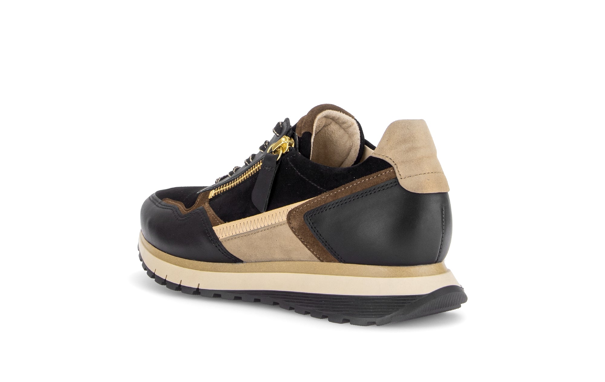 Gabor Hollywell black/tan/gold rollingsoft zip & lace trainers, rotating product angle 04.