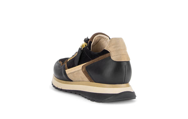Gabor Hollywell black/tan/gold rollingsoft zip & lace trainers, rotating product angle 05.