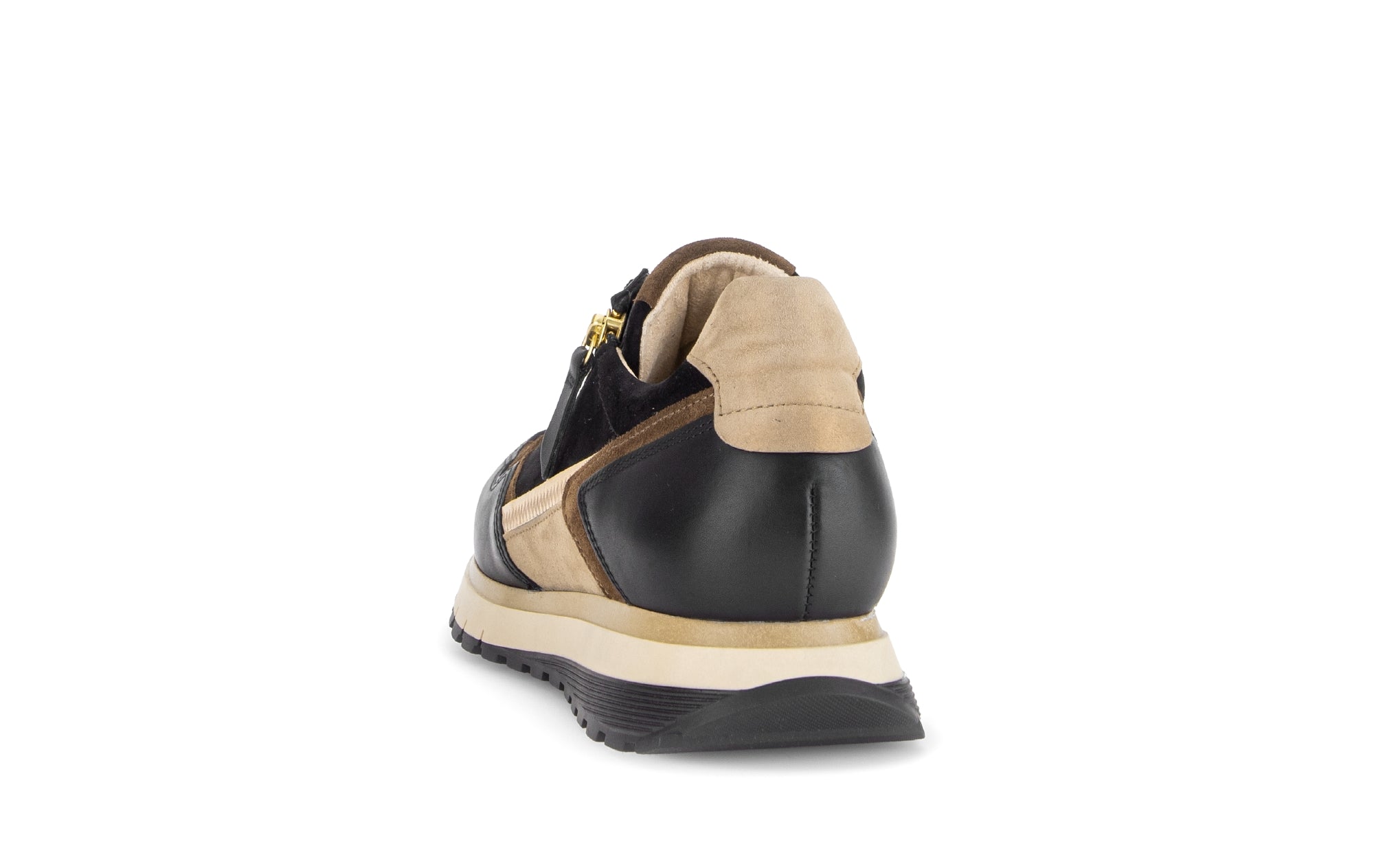 Gabor Hollywell black/tan/gold rollingsoft zip & lace trainers, rotating product angle 06.