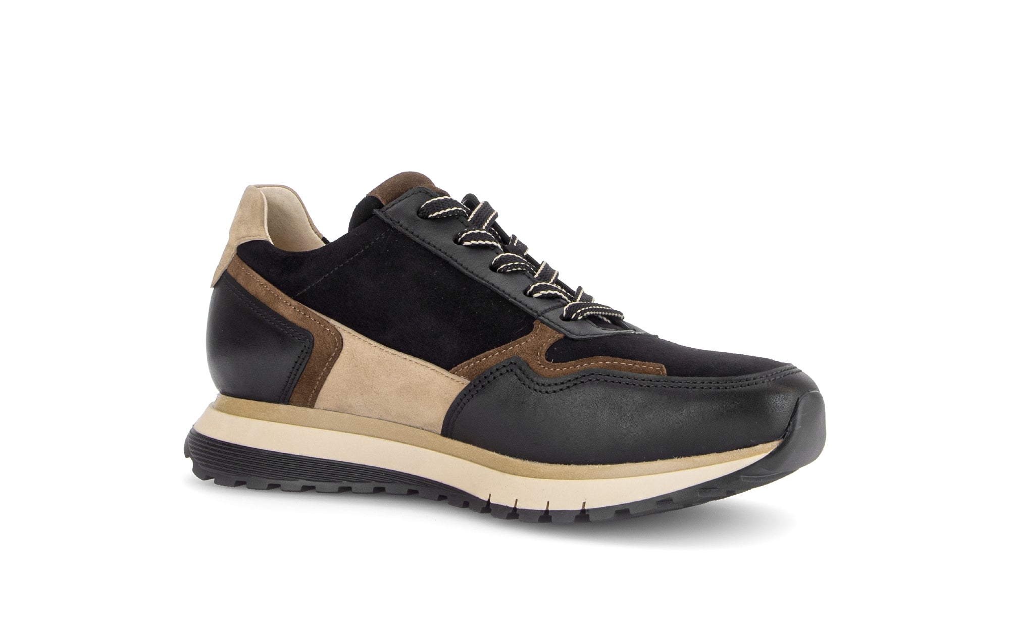 Gabor Hollywell black/tan/gold rollingsoft zip & lace trainers, rotating product angle 15.