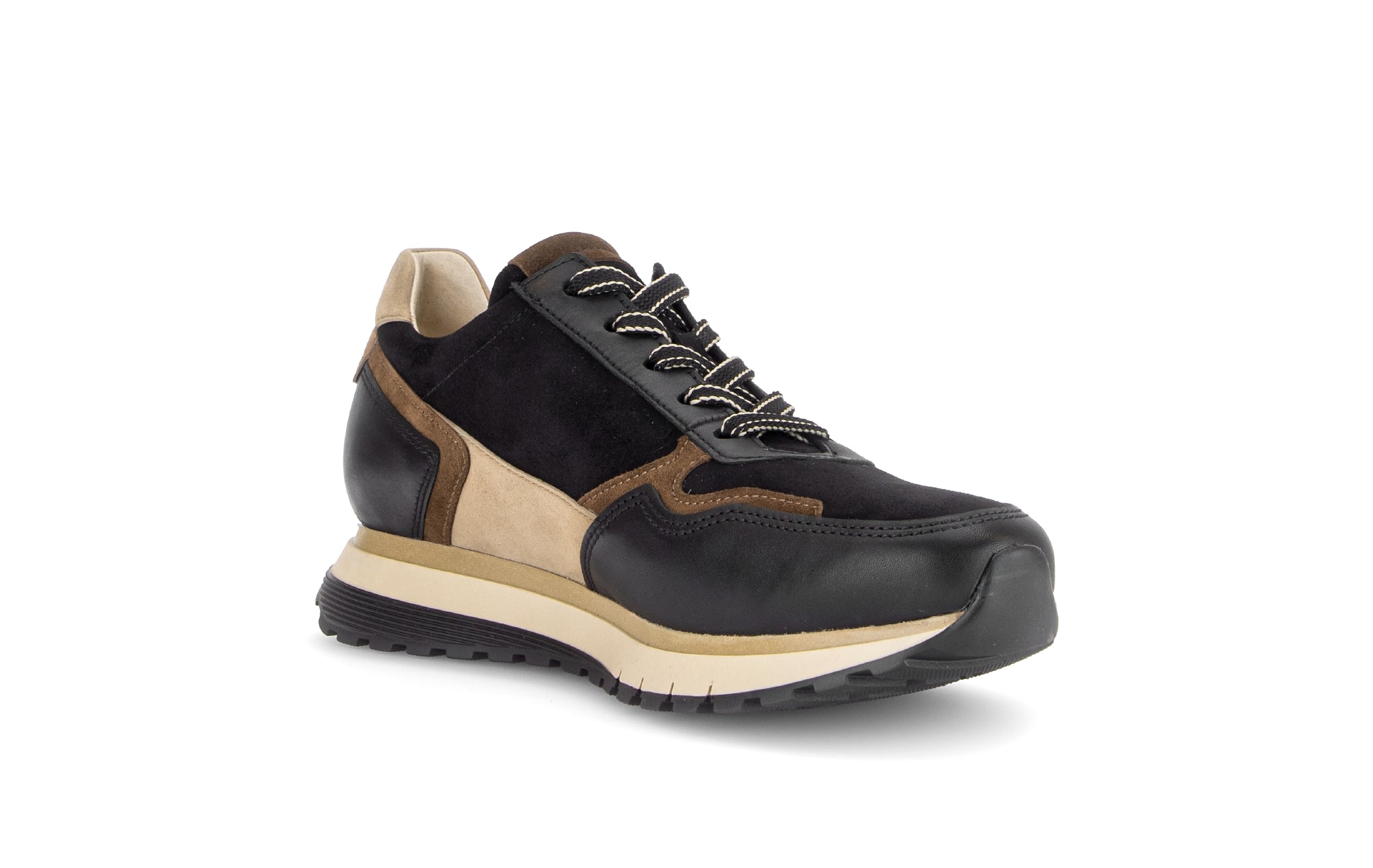 Gabor Hollywell black/tan/gold rollingsoft zip & lace trainers, rotating product angle 16.