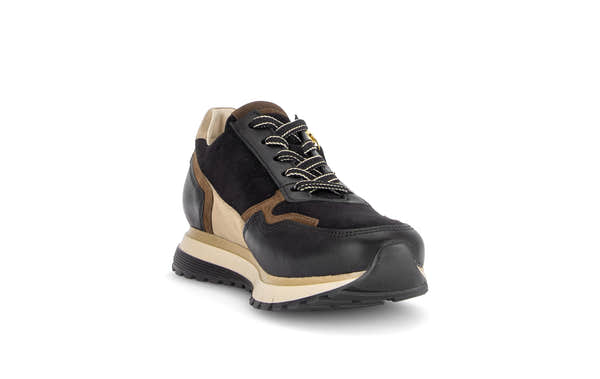 Gabor Hollywell black/tan/gold rollingsoft zip & lace trainers, rotating product angle 17.