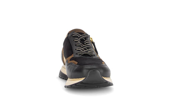 Gabor Hollywell black/tan/gold rollingsoft zip & lace trainers, rotating product angle 18.