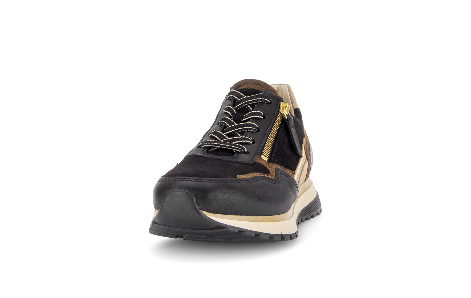 Gabor Hollywell black/tan/gold rollingsoft zip & lace trainers, rotating product angle 20.