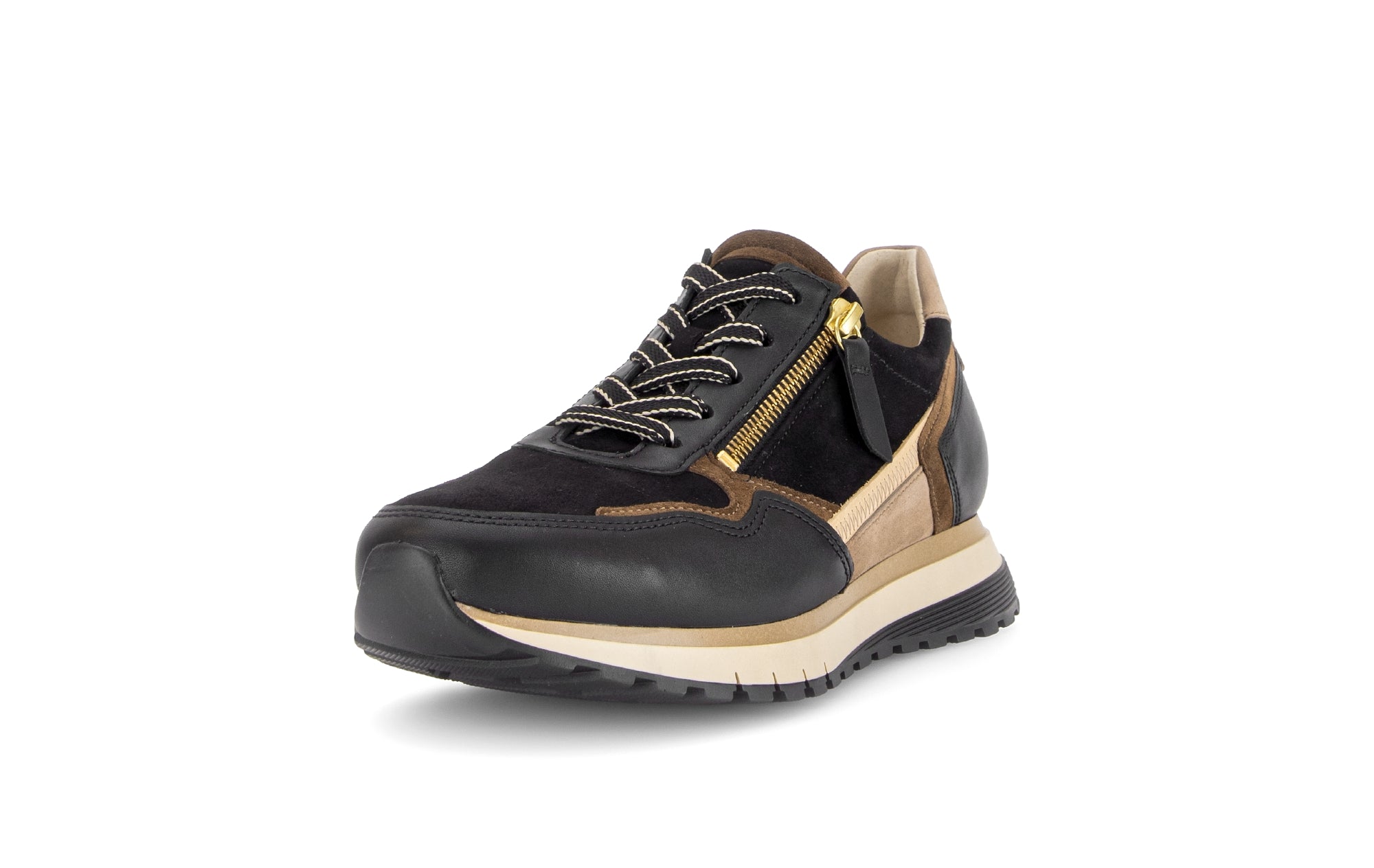 Gabor Hollywell black/tan/gold rollingsoft zip & lace trainers, rotating product angle 21.