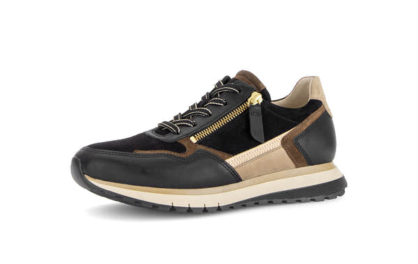 Gabor Hollywell black/tan/gold rollingsoft zip & lace trainers, rotating product angle 23.