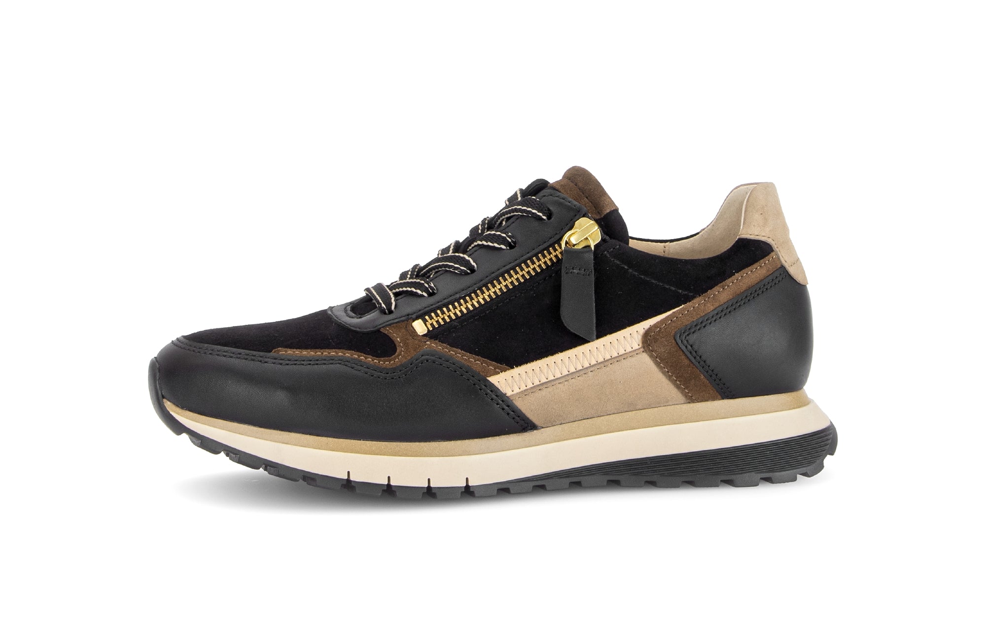 Gabor Hollywell black/tan/gold rollingsoft zip & lace trainers, rotating product angle 24.