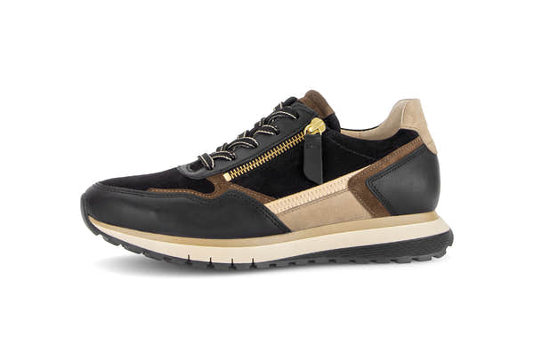 Gabor Hollywell black/tan/gold rollingsoft zip & lace trainers, rotating product angle 24.