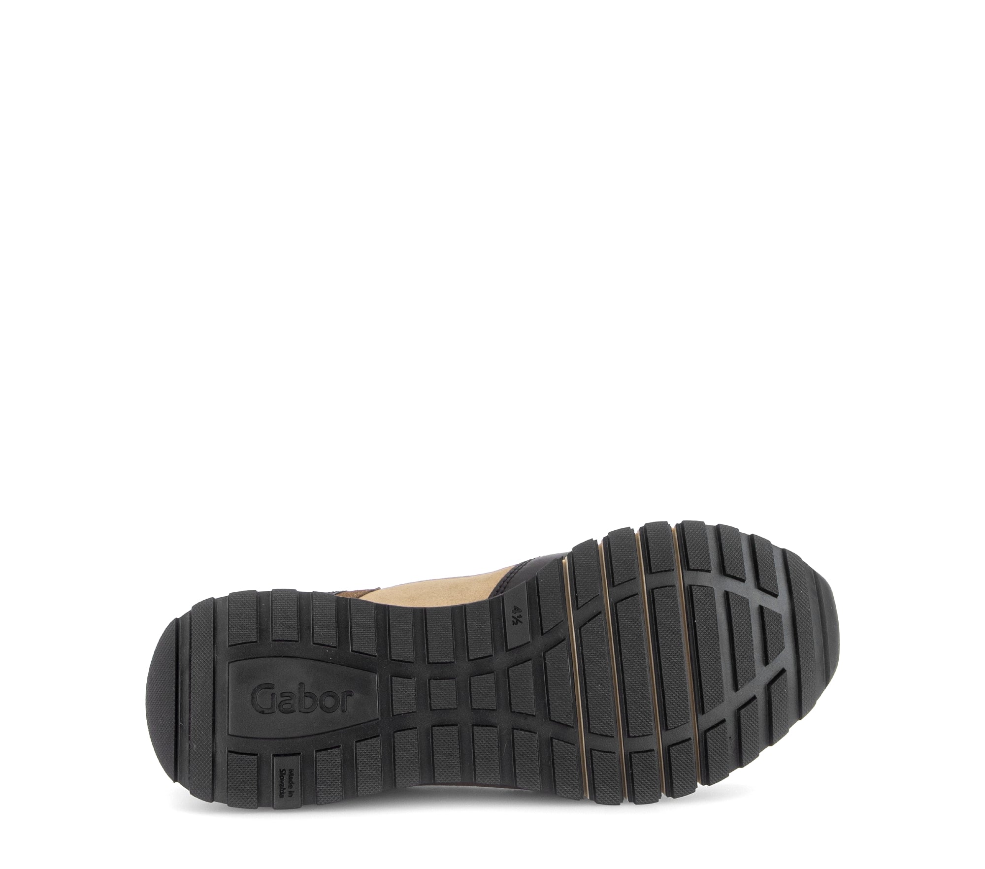 Gabor Hollywell black/tan/gold rollingsoft zip & lace trainers, sole view.