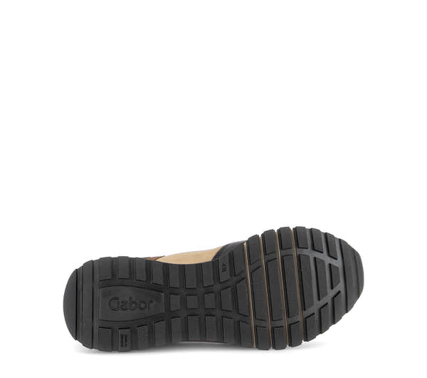 Gabor Hollywell black/tan/gold rollingsoft zip & lace trainers, sole view.