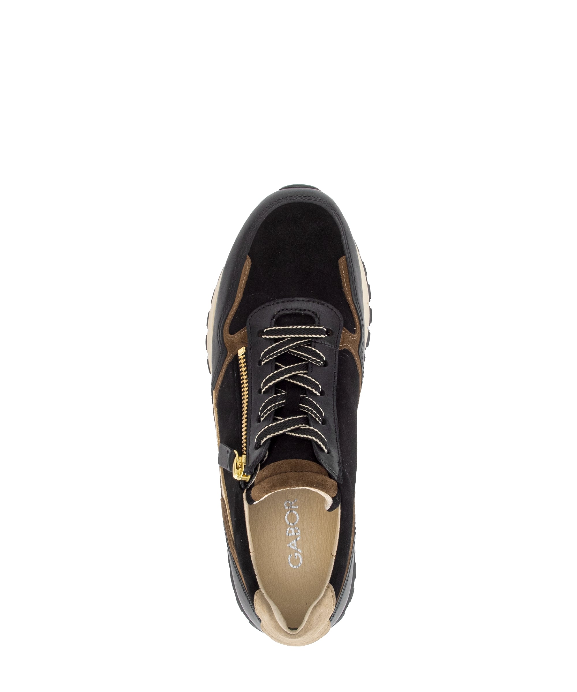 Gabor Hollywell black/tan/gold rollingsoft zip & lace trainers, top view.