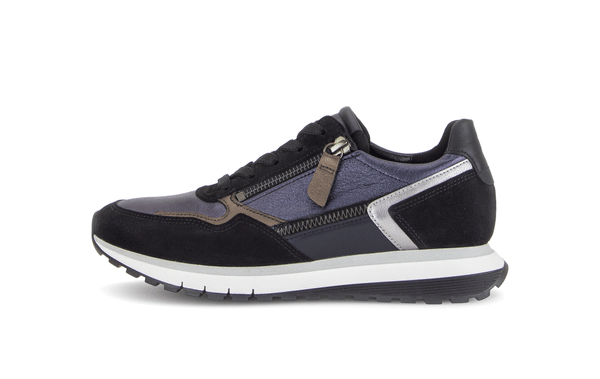 Gabor Hollywell navy blue/black/taupe rollingsoft zip & lace trainers, animated rotating view.