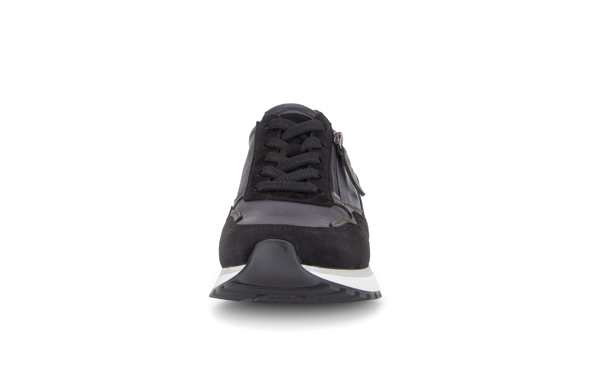 Gabor Hollywell navy blue/black/taupe rollingsoft zip & lace trainers, front view.
