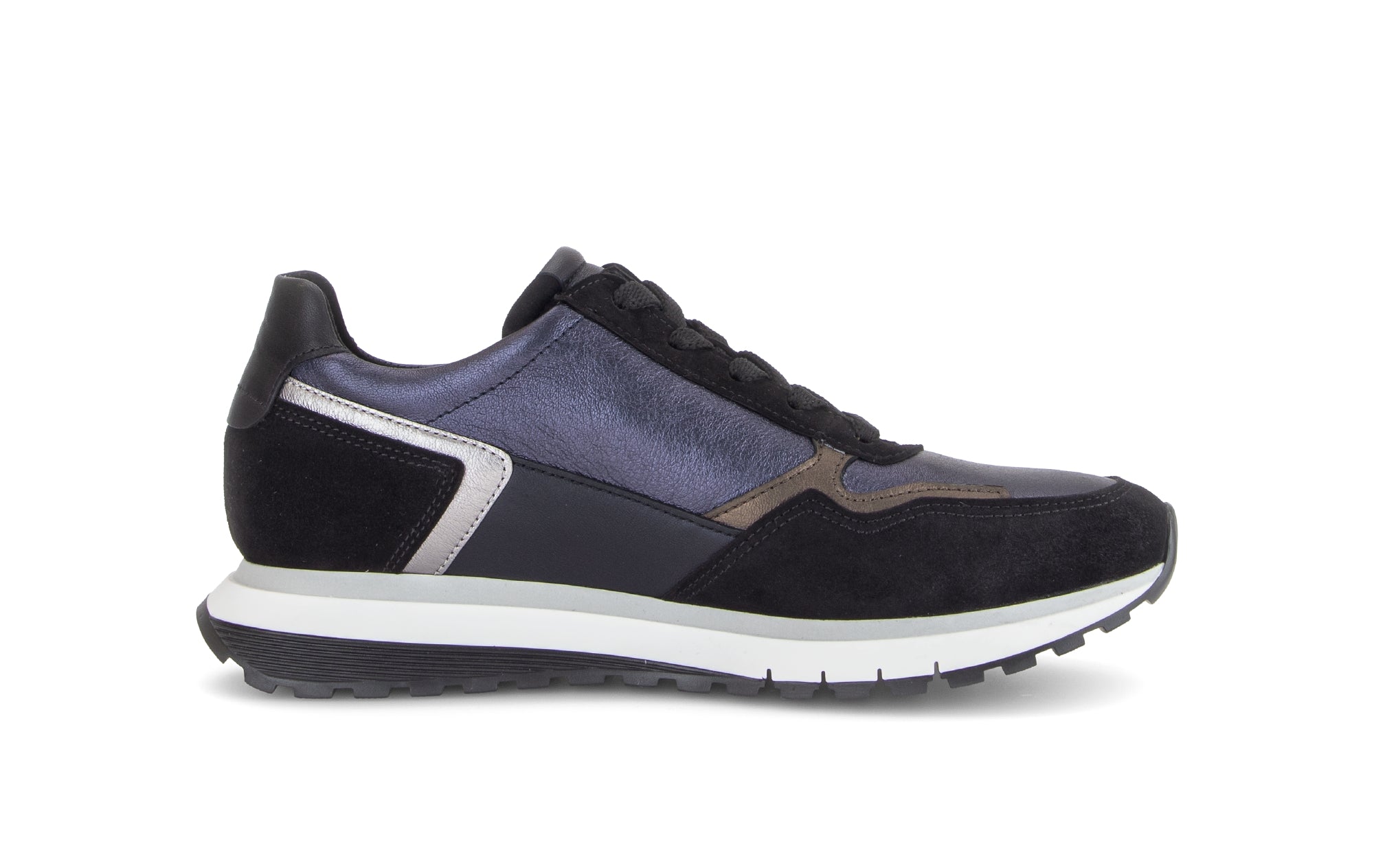 Gabor Hollywell navy blue/black/taupe rollingsoft zip & lace trainers, inner side view.
