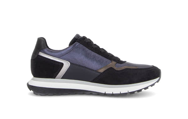 Gabor Hollywell navy blue/black/taupe rollingsoft zip & lace trainers, inner side view.