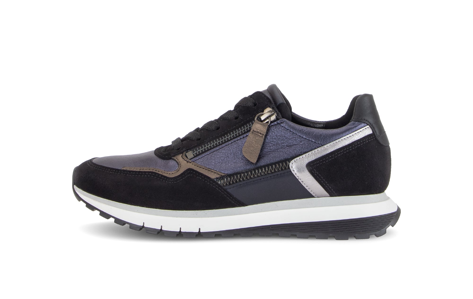 Gabor Hollywell navy blue/black/taupe rollingsoft zip & lace trainers, outer side view.