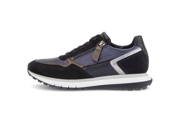 Gabor Hollywell navy blue/black/taupe rollingsoft zip & lace trainers, outer side view.