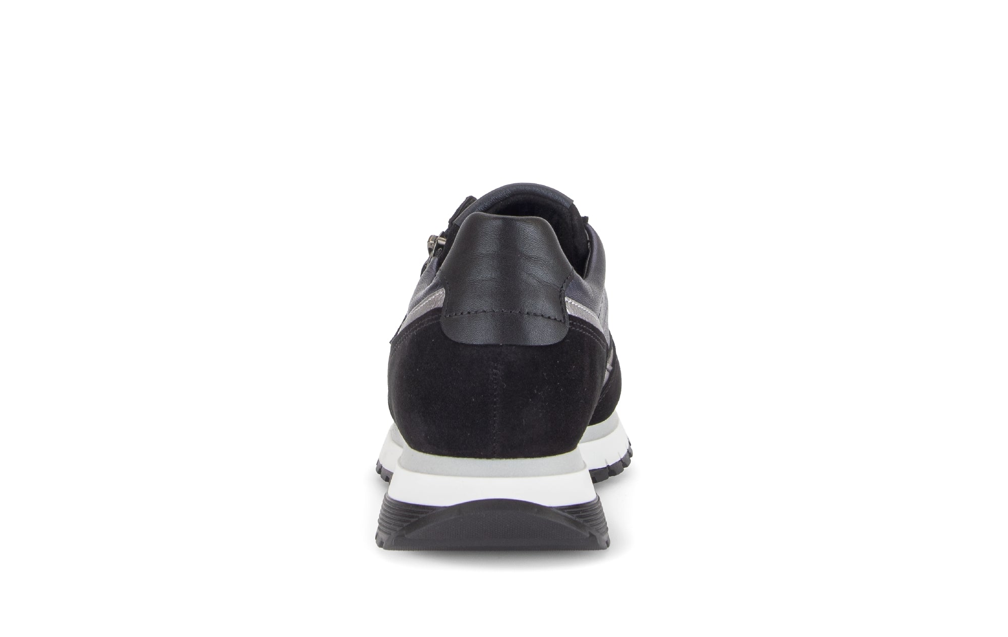 Gabor Hollywell navy blue/black/taupe rollingsoft zip & lace trainers, rear view.
