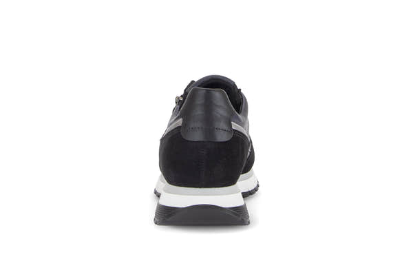 Gabor Hollywell navy blue/black/taupe rollingsoft zip & lace trainers, rear view.