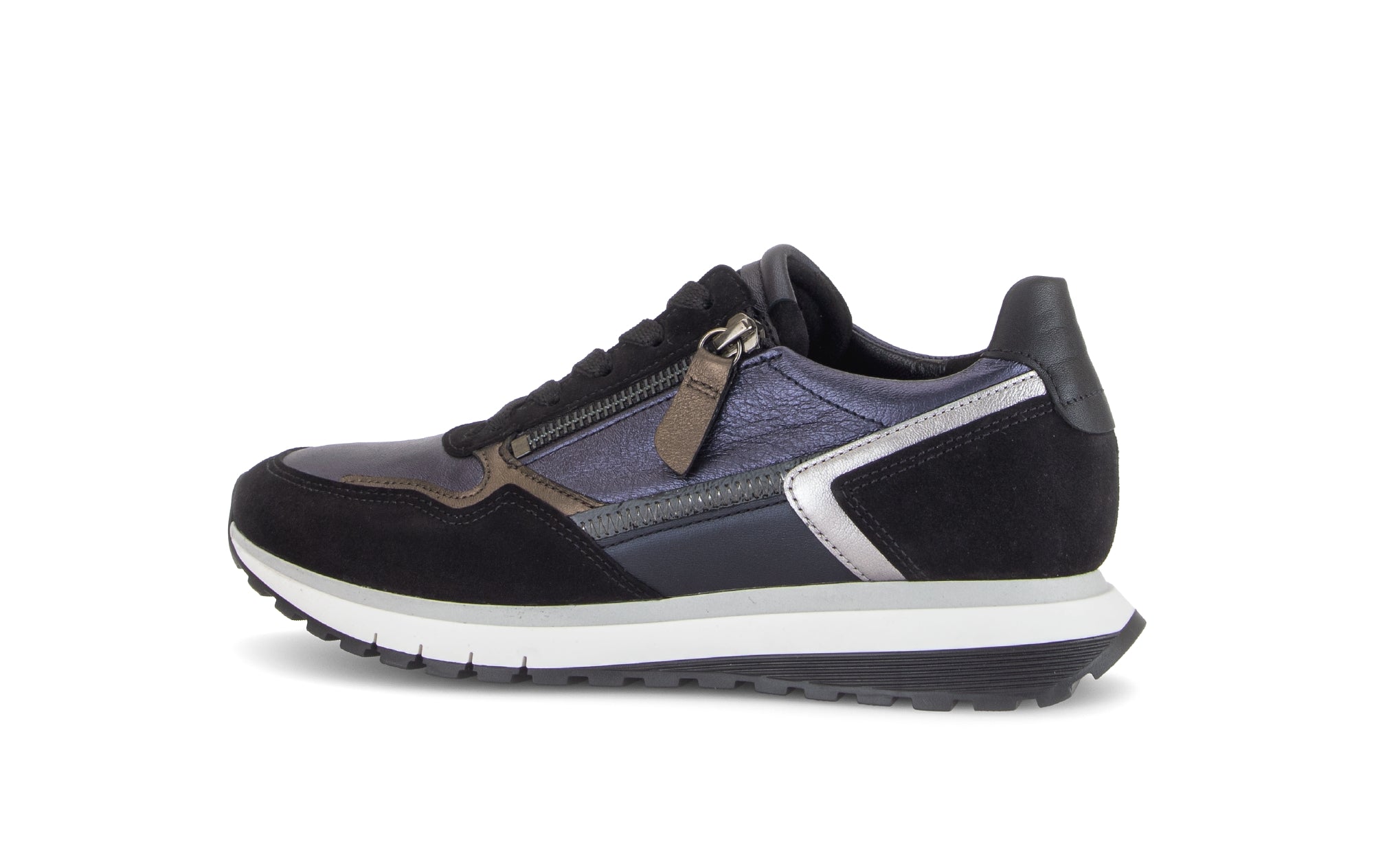 Gabor Hollywell navy blue/black/taupe rollingsoft zip & lace trainers, rotating product angle 02.