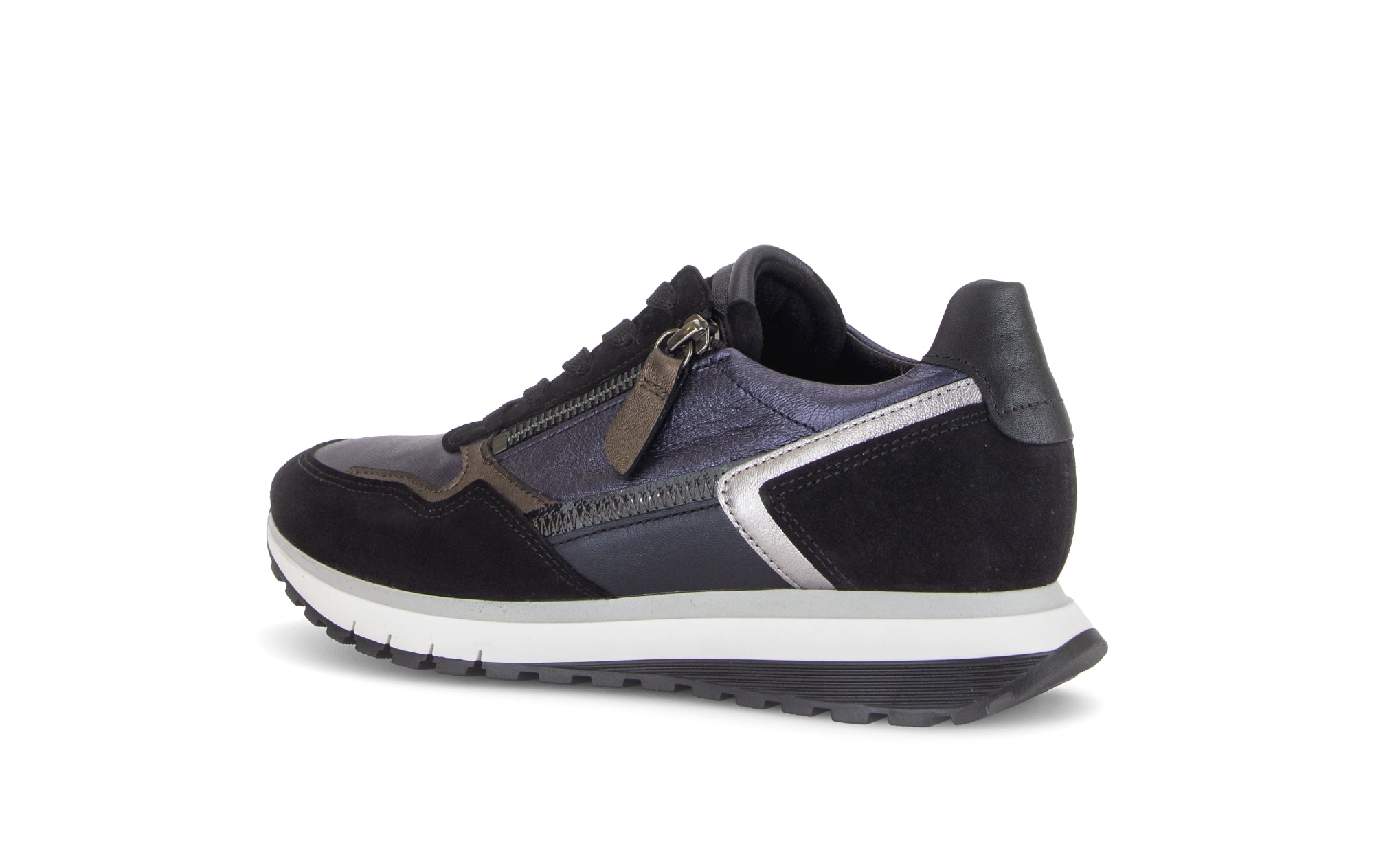 Gabor Hollywell navy blue/black/taupe rollingsoft zip & lace trainers, rotating product angle 03.