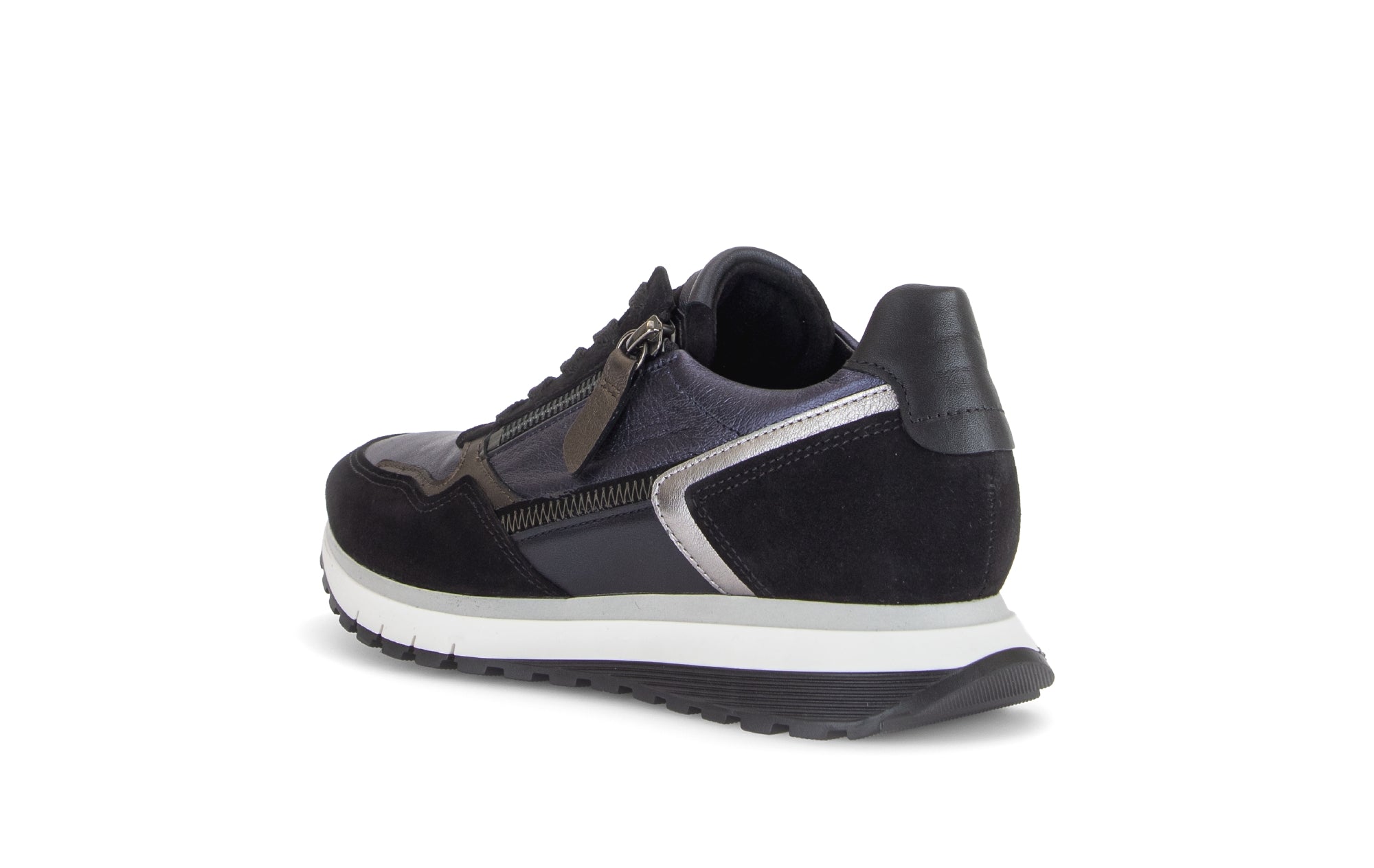 Gabor Hollywell navy blue/black/taupe rollingsoft zip & lace trainers, rotating product angle 04.