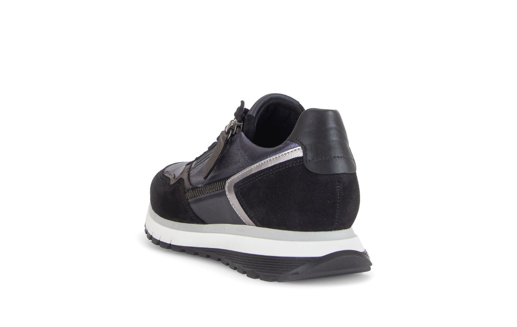 Gabor Hollywell navy blue/black/taupe rollingsoft zip & lace trainers, rotating product angle 05.