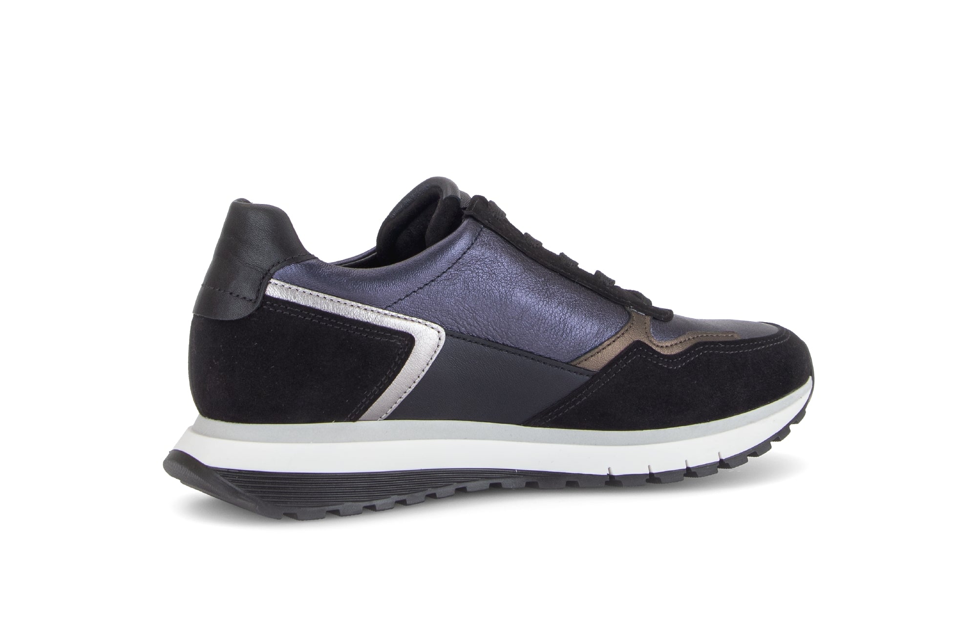 Gabor Hollywell navy blue/black/taupe rollingsoft zip & lace trainers, rotating product angle 11.