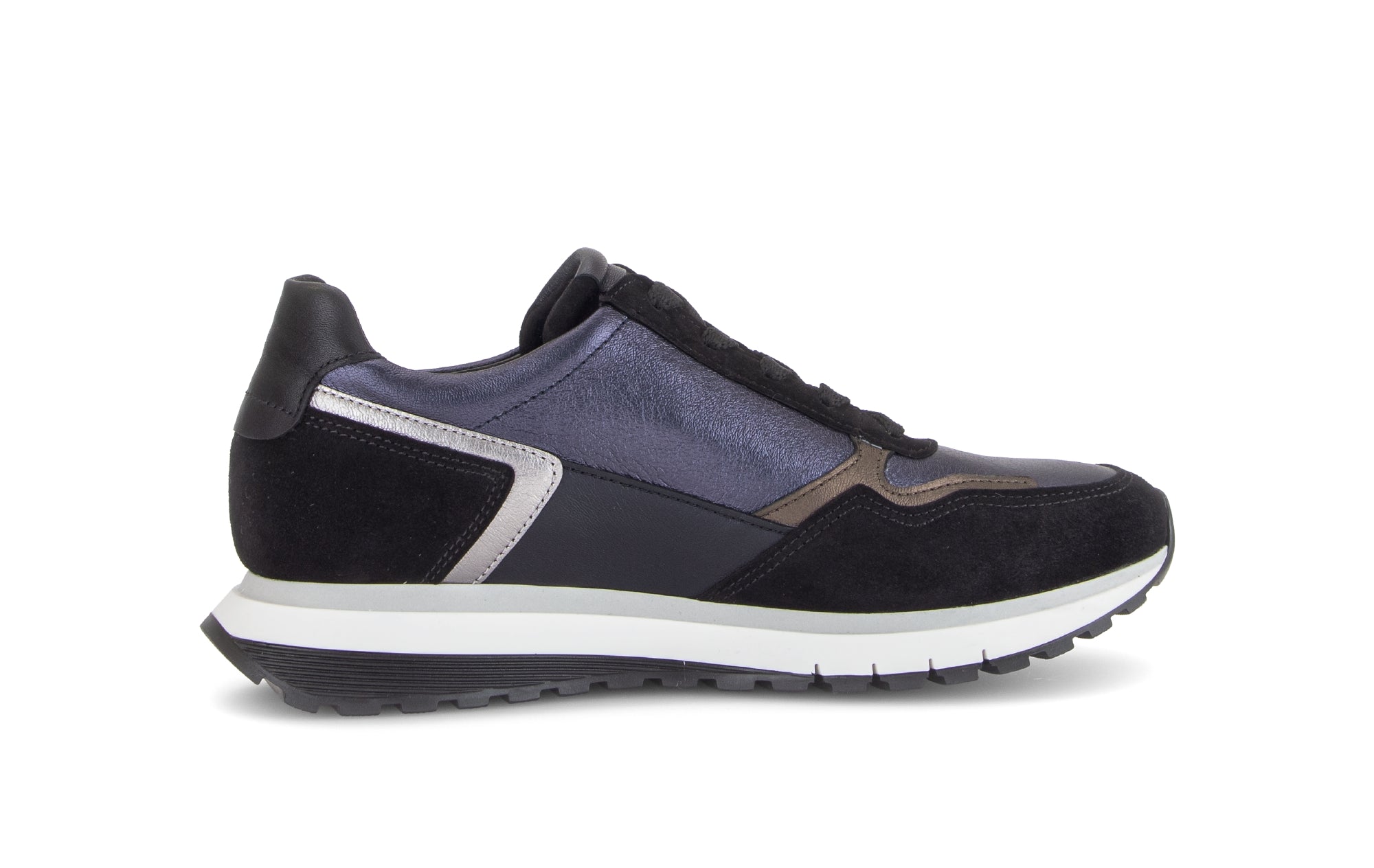 Gabor Hollywell navy blue/black/taupe rollingsoft zip & lace trainers, rotating product angle 12.