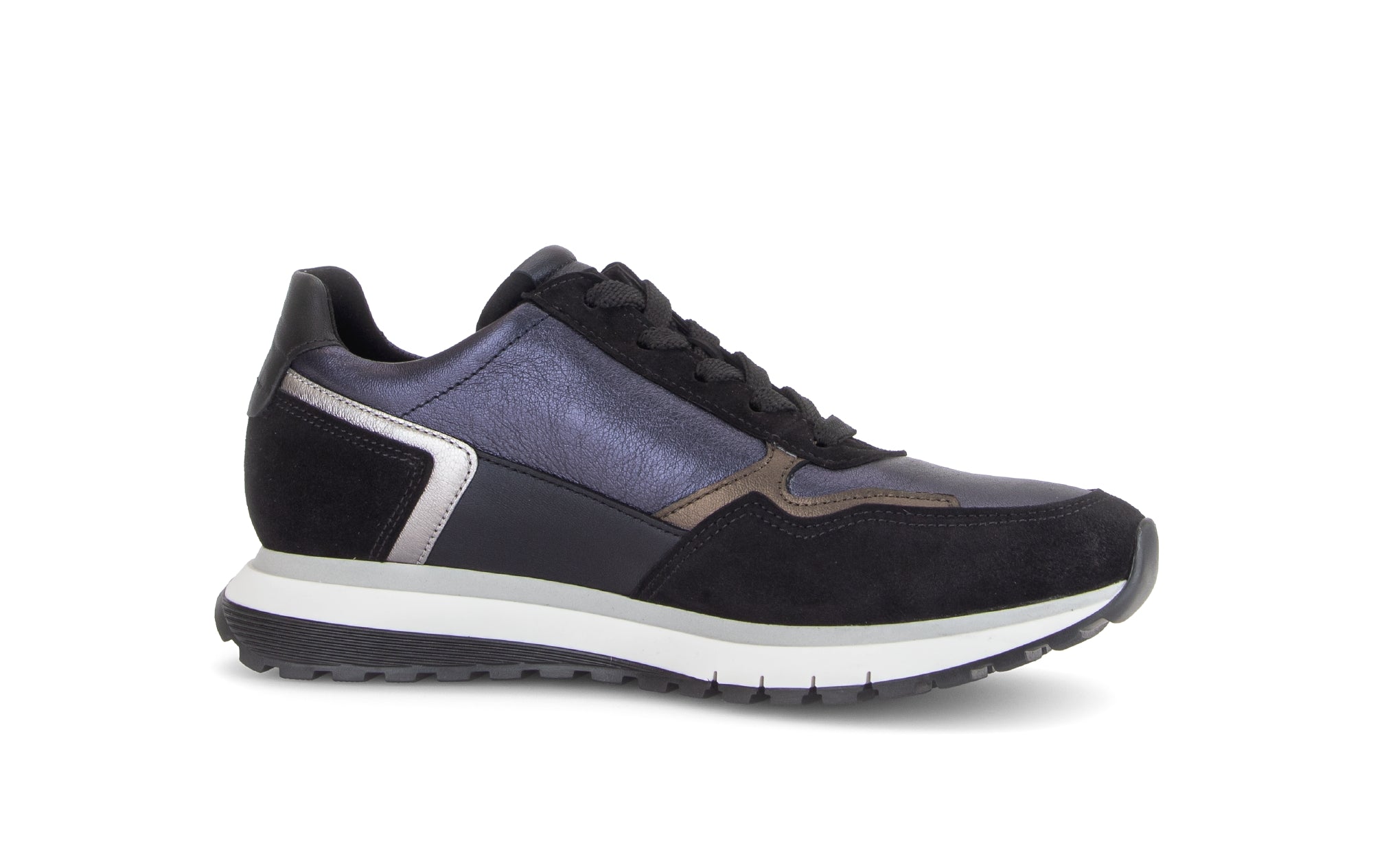 Gabor Hollywell navy blue/black/taupe rollingsoft zip & lace trainers, rotating product angle 14.