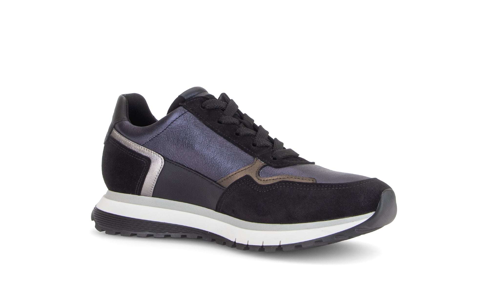 Gabor Hollywell navy blue/black/taupe rollingsoft zip & lace trainers, rotating product angle 15.