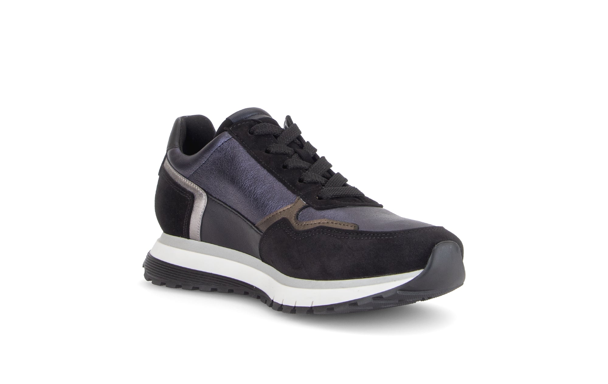 Gabor Hollywell navy blue/black/taupe rollingsoft zip & lace trainers, rotating product angle 16.