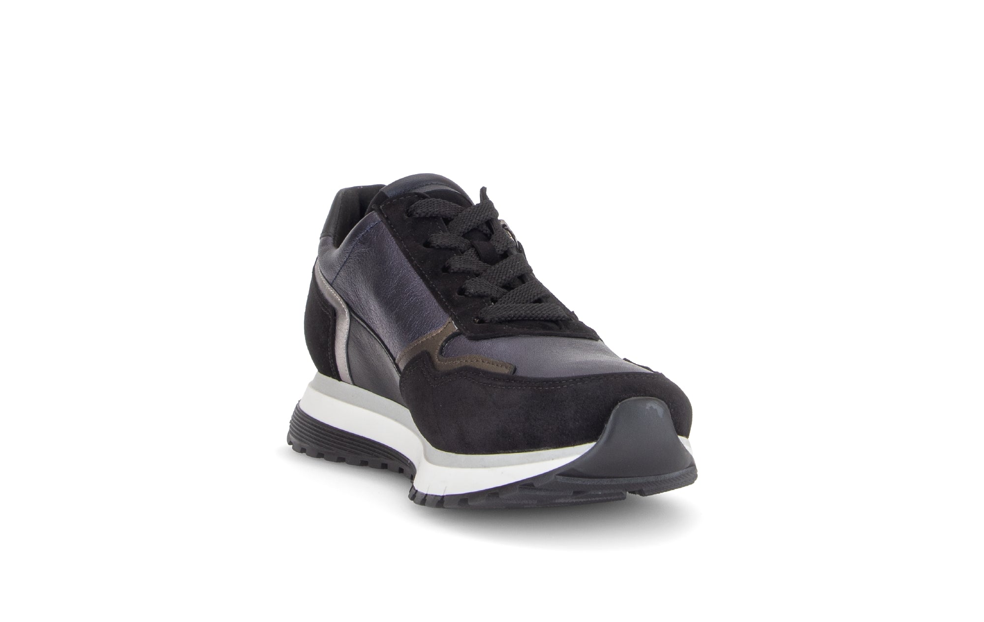 Gabor Hollywell navy blue/black/taupe rollingsoft zip & lace trainers, rotating product angle 17.