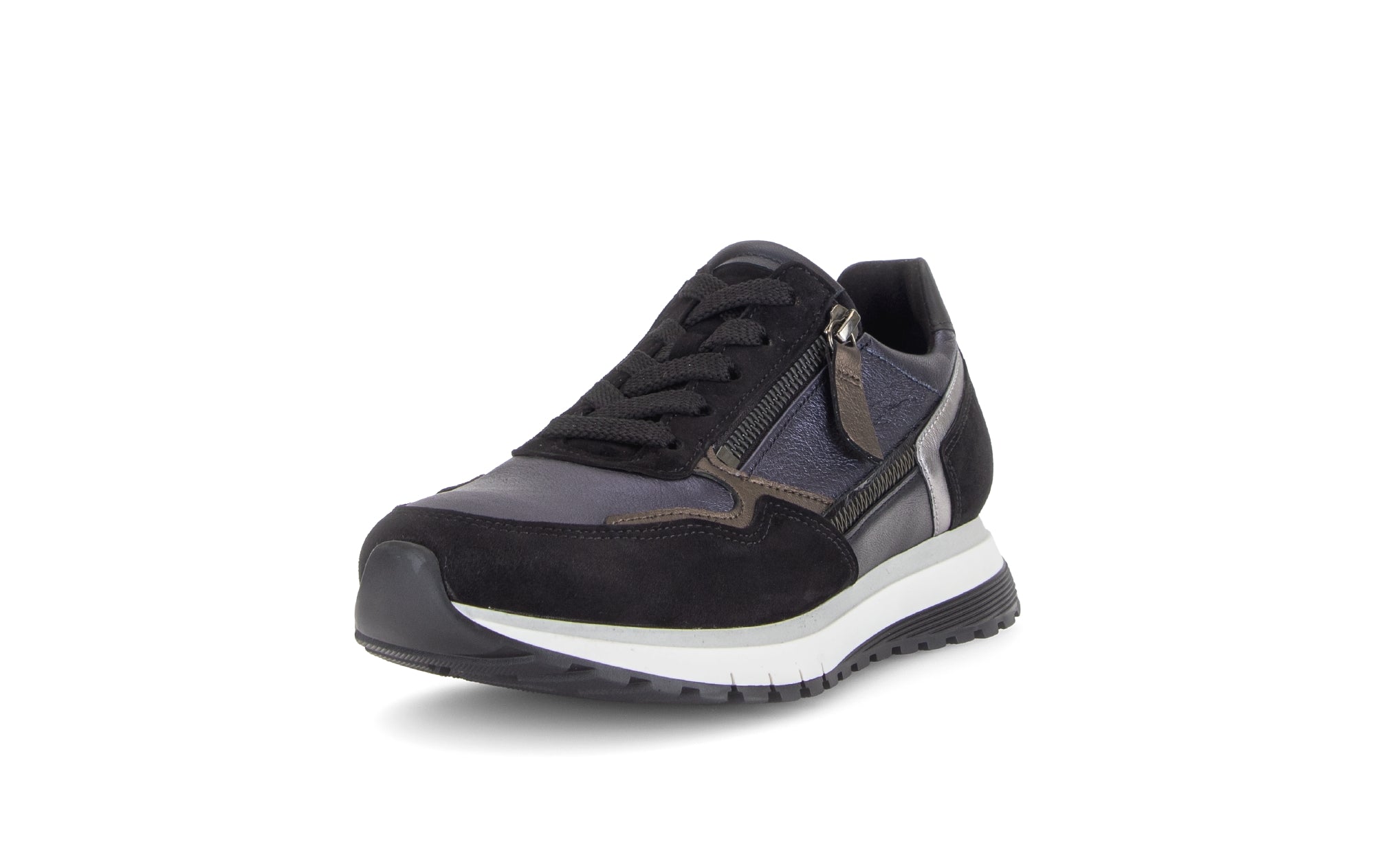Gabor Hollywell navy blue/black/taupe rollingsoft zip & lace trainers, rotating product angle 21.