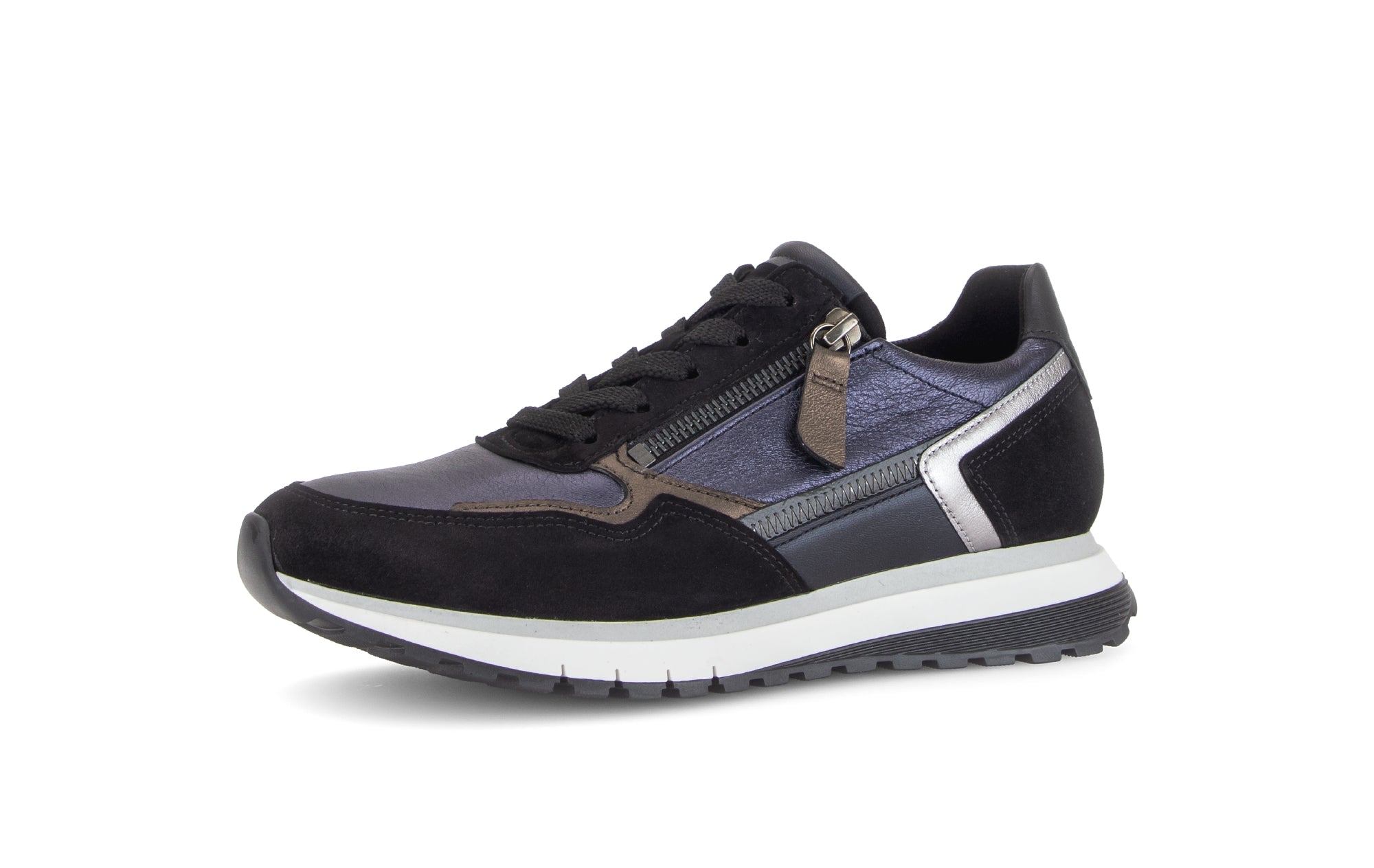 Gabor Hollywell navy blue/black/taupe rollingsoft zip & lace trainers, rotating product angle 23.