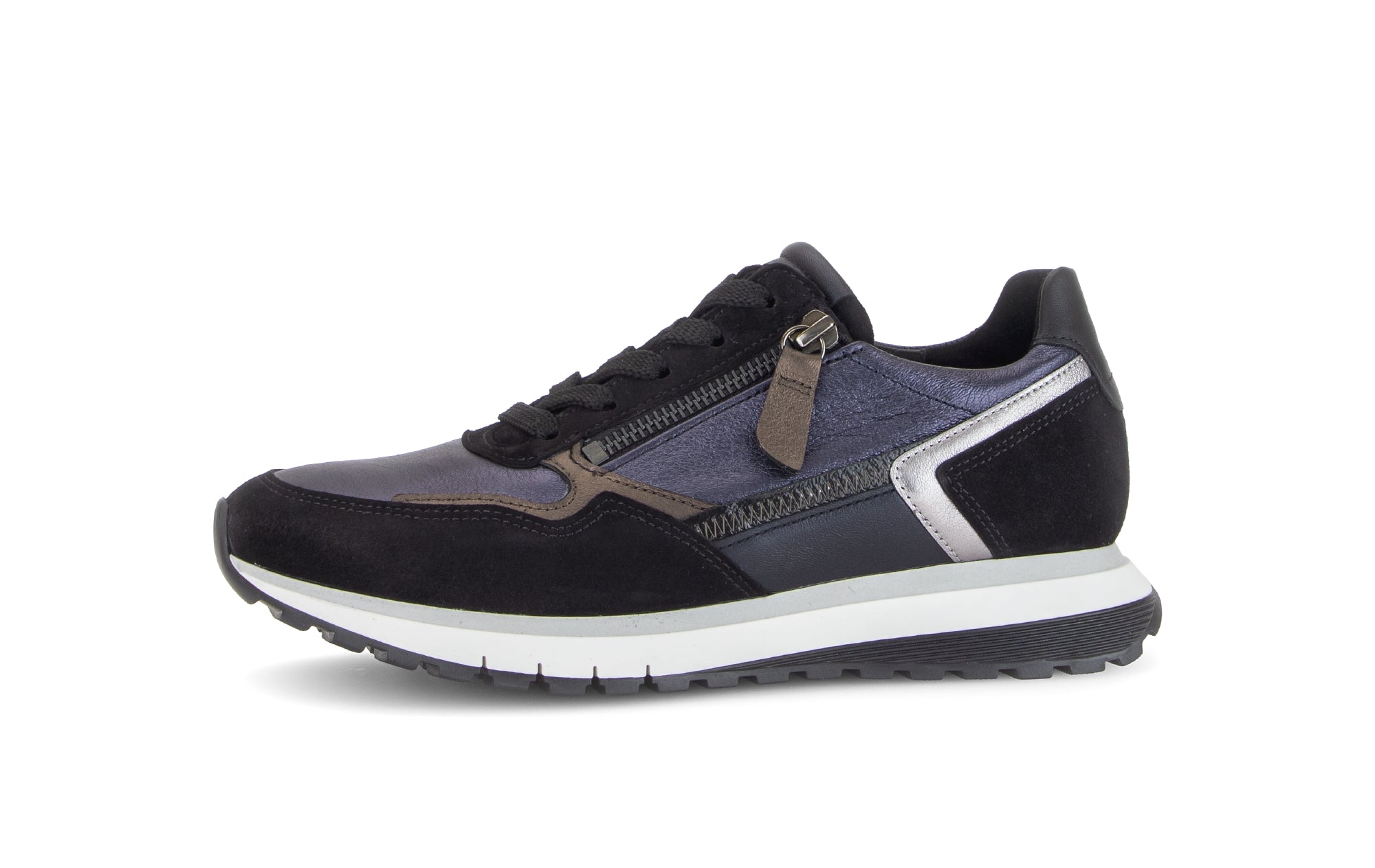 Gabor Hollywell navy blue/black/taupe rollingsoft zip & lace trainers, rotating product angle 24.