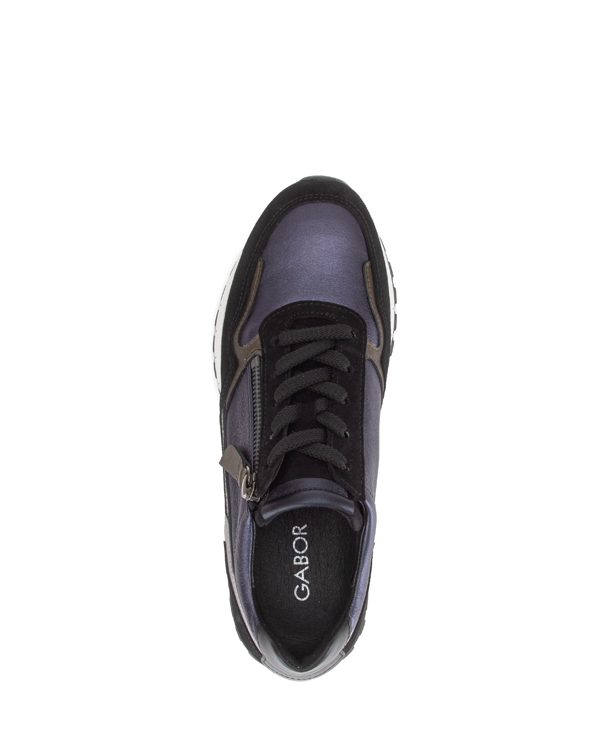 Gabor Hollywell navy blue/black/taupe rollingsoft zip & lace trainers, top view.