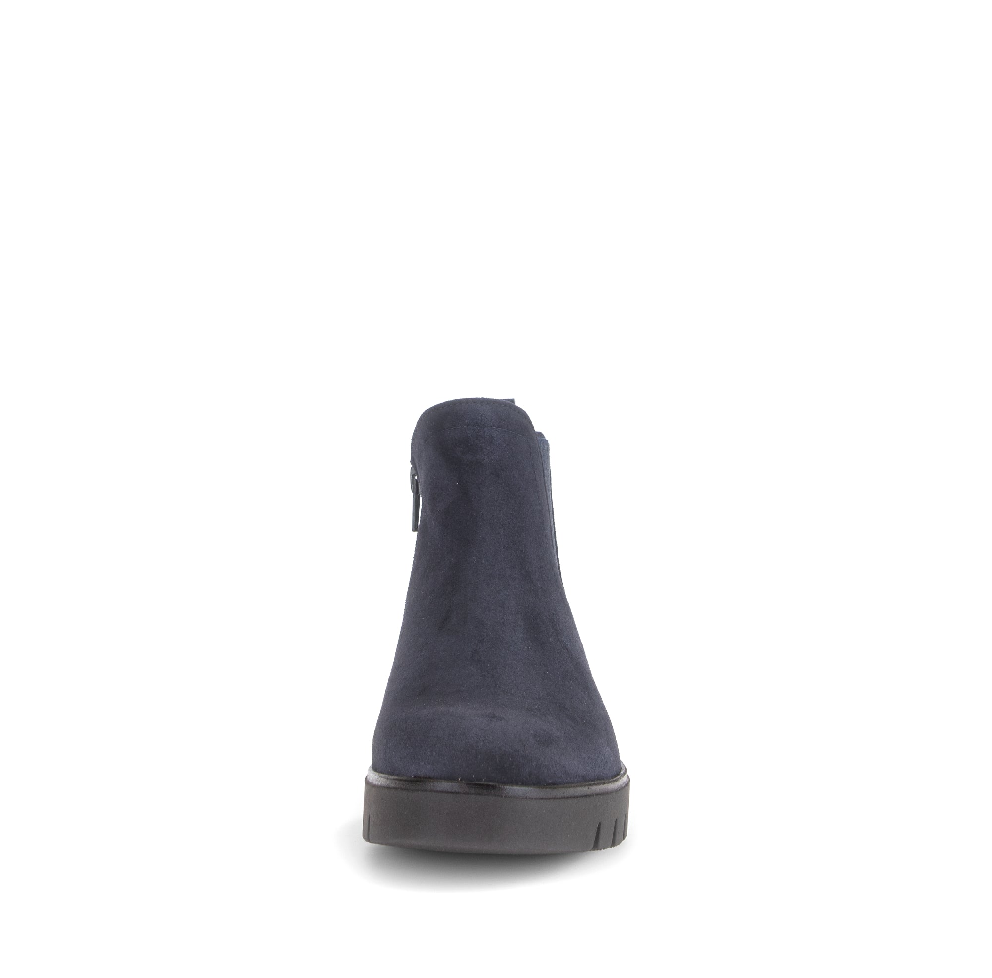 Gabor Dublin navy blue side zip ankle boots, front view.