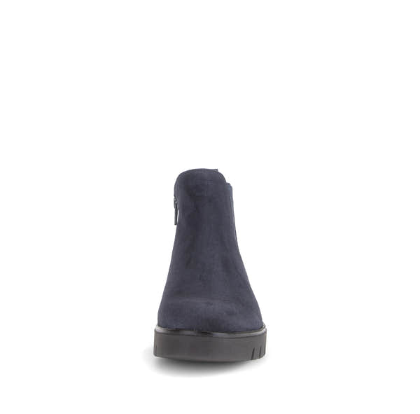 Gabor Dublin navy blue side zip ankle boots, front view.