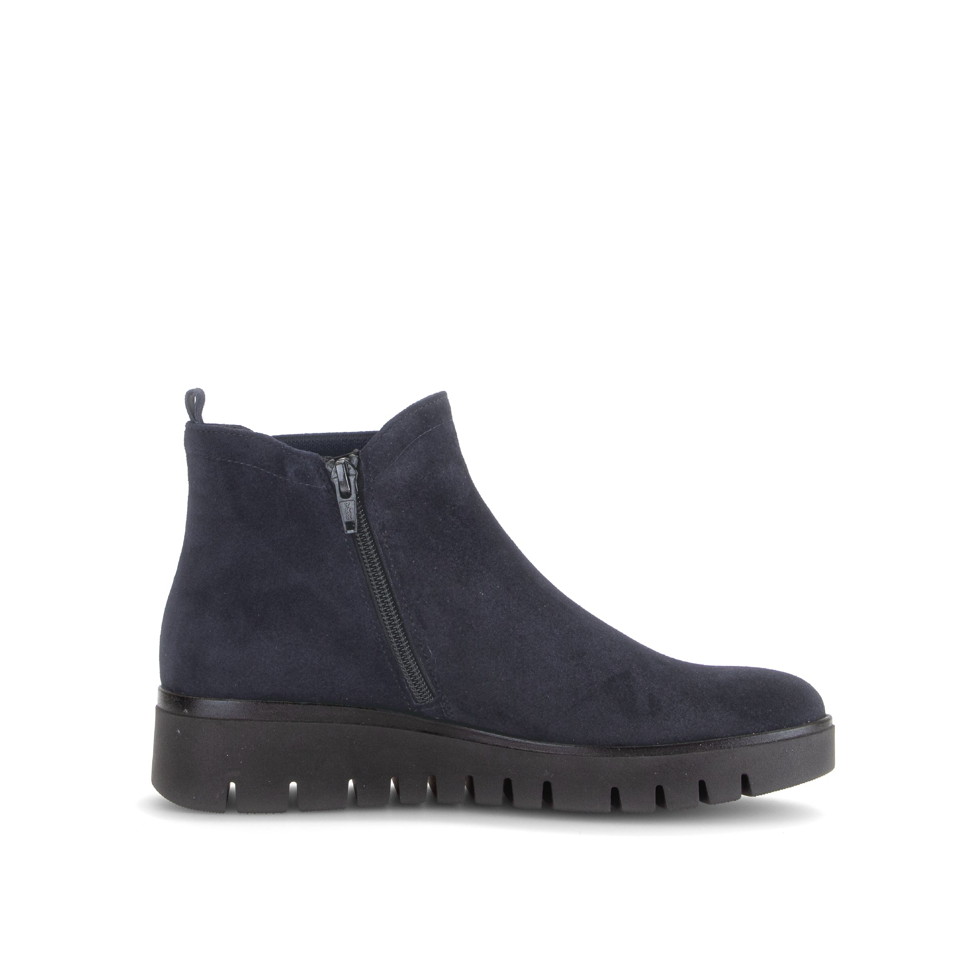 Gabor Dublin navy blue side zip ankle boots, inner side view.