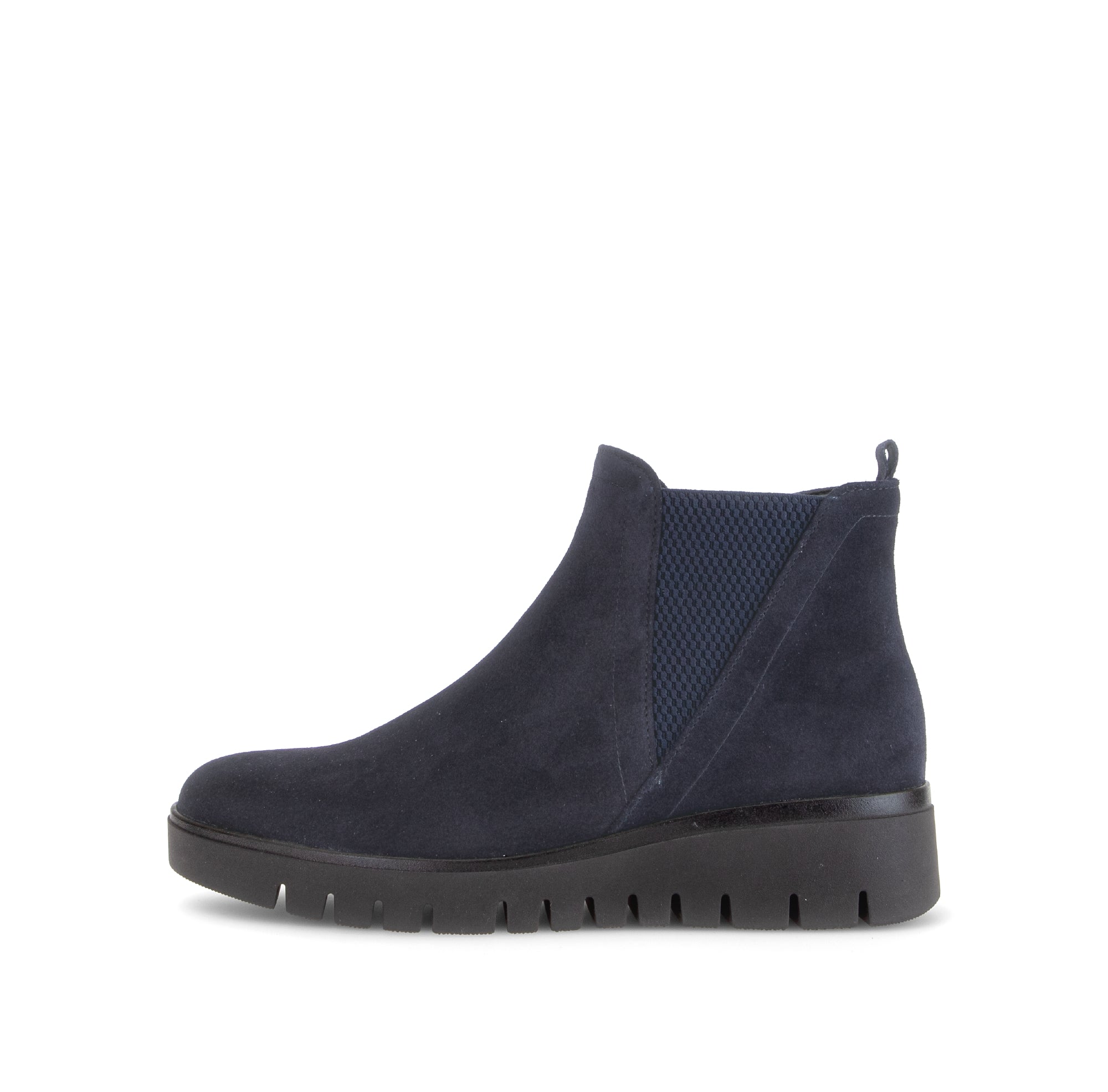 Gabor Dublin navy blue side zip ankle boots, outer side view.