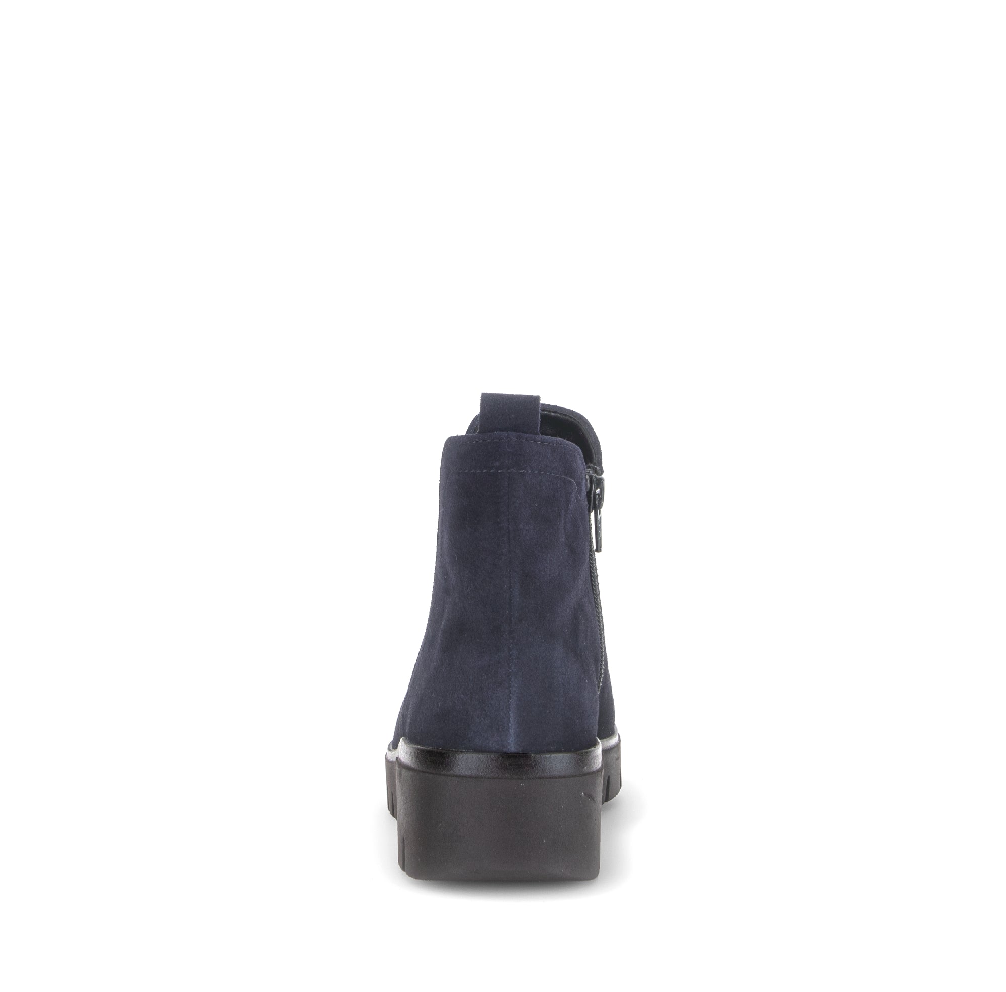 Gabor Dublin navy blue side zip ankle boots, rear view.