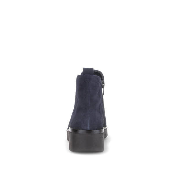 Gabor Dublin navy blue side zip ankle boots, rear view.