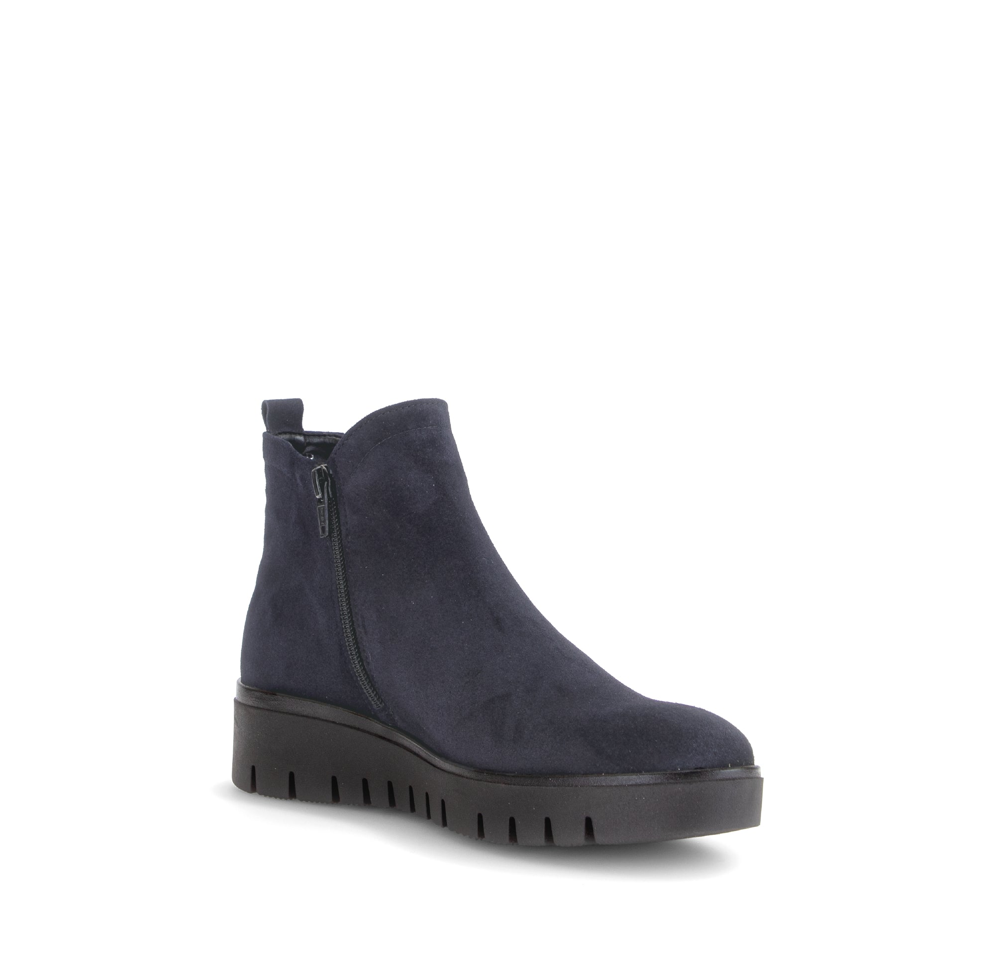 Gabor Dublin navy blue side zip ankle boots, rotating product angle 16.