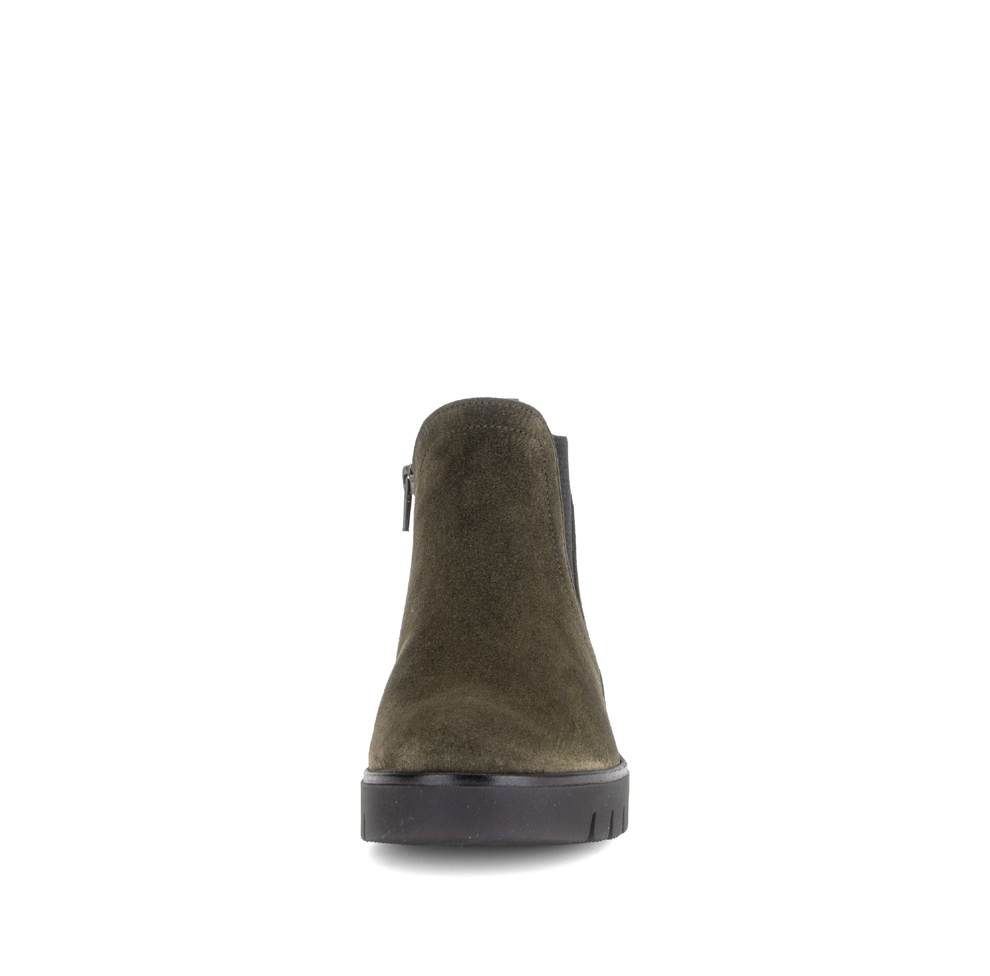 Gabor Dublin olive green side zip ankle boots, front view.