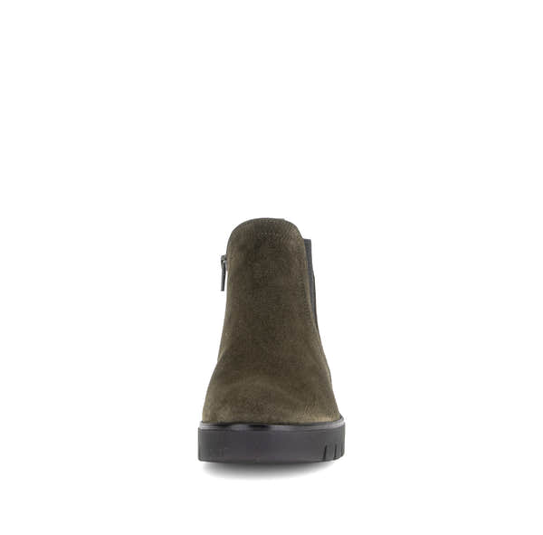 Gabor Dublin olive green side zip ankle boots, front view.